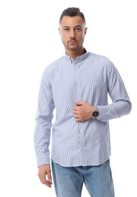 Andora Basic Striped Long Sleeves Buttoned Shirt -Royal Blue