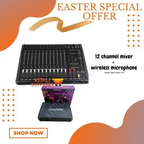 Max 12 Channel Powered Mixer Plus Wireless Microphone