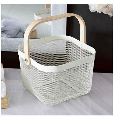 Storage Basket With Wooden Handle Beige 25x25x17cm