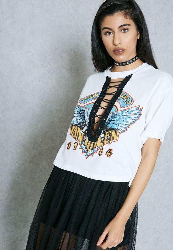 Lace Up Printed Cropped T-Shirt
