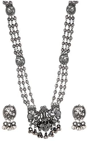 Shining Diva Fashion Latest Stylish Traditional Oxidised Silver Necklace Jewellery Set for Women (13137s), One Size