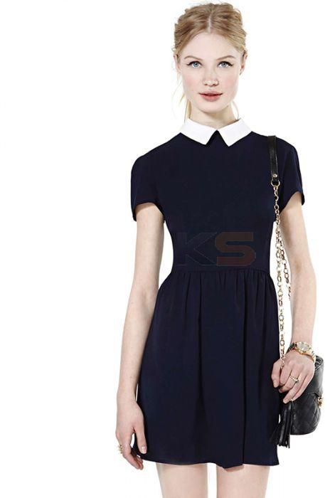 Vintage Short Sleeve Color Block Turn Down Collar Waist Pleat Dress Black