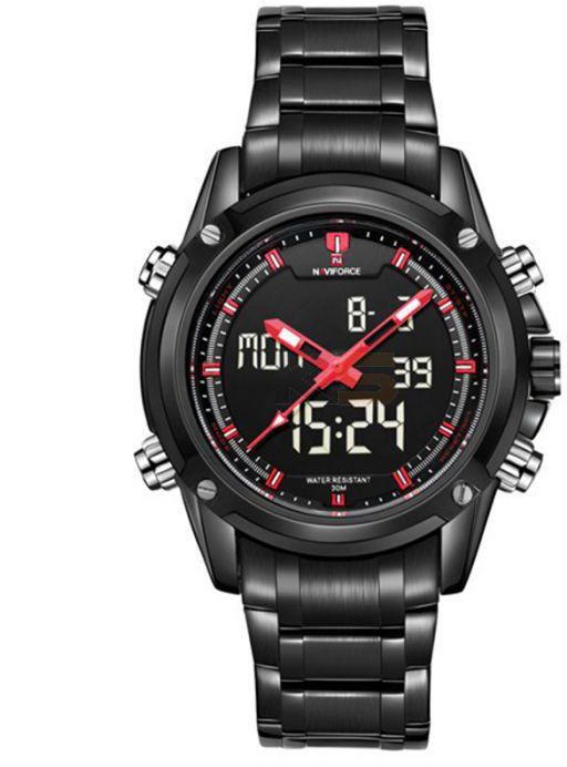 Naviforce 9050 Army Digital Sports Watch Men's Luxury Military LED WristWatch Full Steel Waterproof-Black & Red