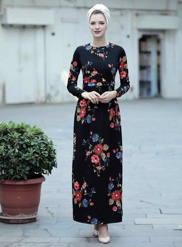 Alissastyle Fresh Flower Printed Black Long Dress - 5 Sizes (4 Colors)