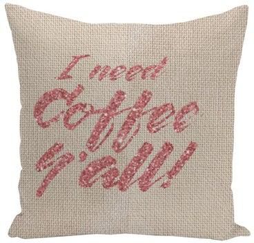 وسادة زينة بطبعة عبارة "Need Coffee" لامعة لون بيج/روز جولد 16x16بوصة