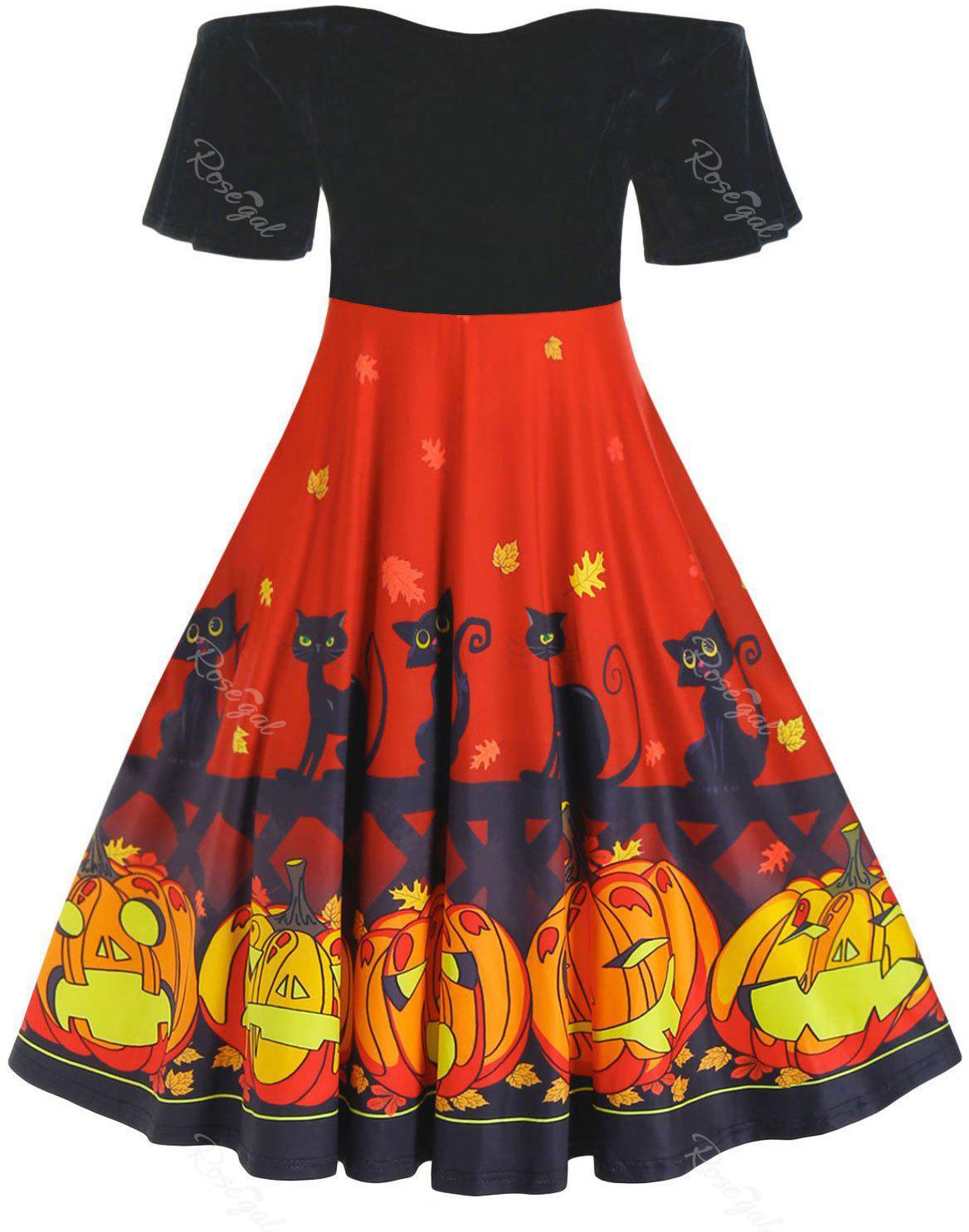 Plus Size Pumpkin Cat Print Velour Flutter Sleeve Dress - L