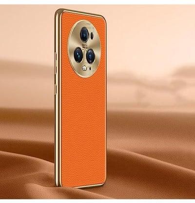 HuHa Case Cover Compatible For Honor Magic5 Pro Litchi Texture Genuine Leather Phone Case Orange