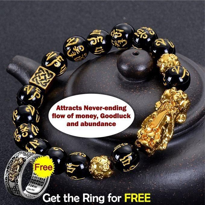 New Feng Shui Black Obsidian Wealth Bracelet Ring Set