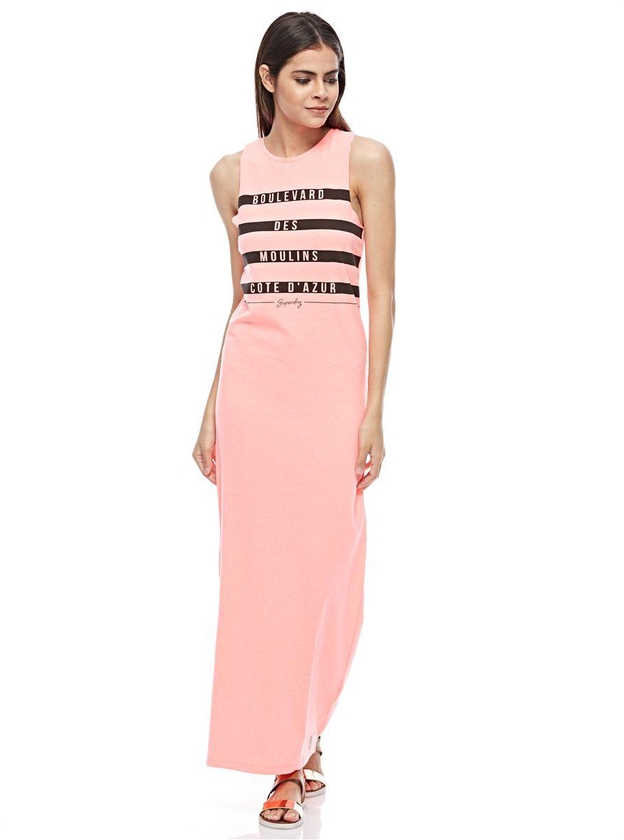 Superdry Mariner Stripe Maxi Dress for Women, Coral Neon