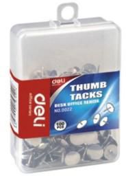 Deli E0022 Thumb Tacks, Metal Silver, 100/Box