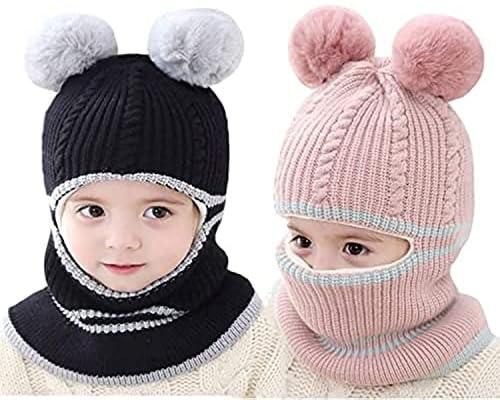 Kids Winter Hat, 2 Pieces Fleece Lined Baby Winter Hat, Toddler Beanie with Double Pom Pom Ears Winter Cable Knitted Cap for Boys Girls Cold Weather, for 1-5-Year-Old Boys Girls, Kids Winter Warm