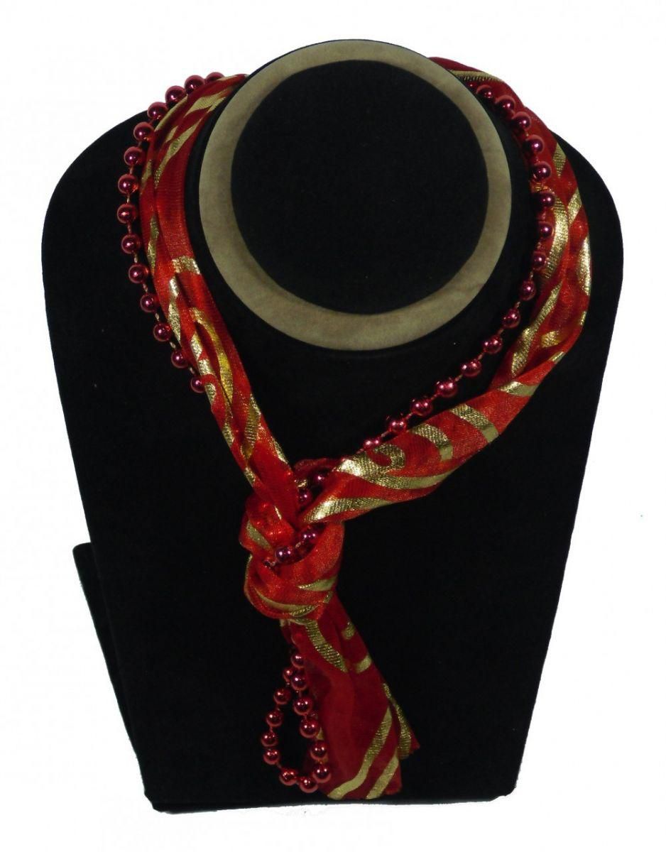 Metalic Red Beads with red and golden Chiffon Scarf عقد من الخرز الاحمر