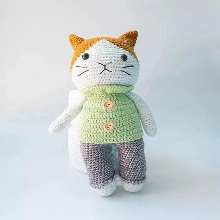 Handmade Natural Cotton Crochet Cat Toy Doll for Baby Friend Amigurumi Crochet Sleeping Buddy for Kids and Adults, 25cm