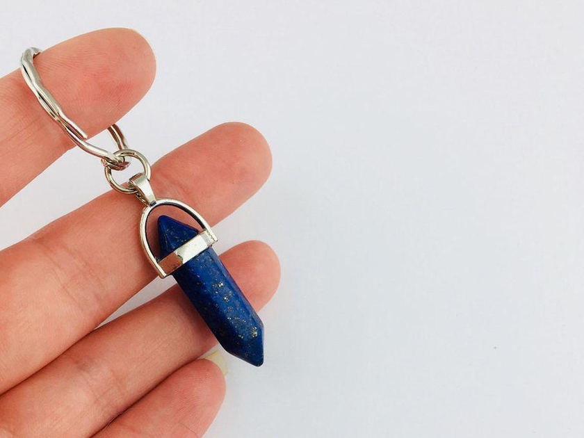 Sherif Gemstones Lapis Lazuli Key-ring, Chakra Point Crystal Healing, Black Obsidian Key-chain, Pendulum Gift