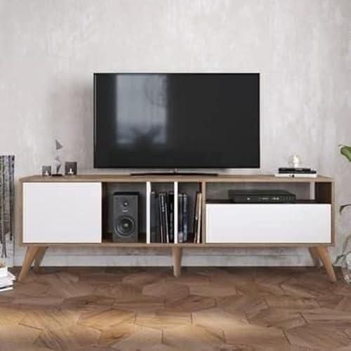 Quattro TV table 180 cm 2 rollers + 2 shelves - Size: Width: 180- Depth: 35 - Height: 50 / Light Brown
