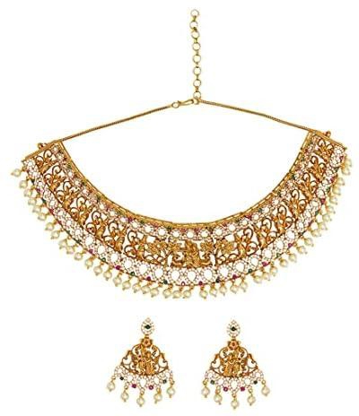 VOYLLA Round Cut CZ and Faux Pearls Brass Gold Plated Jewellery Set