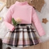 Girls Two Piece Set Pocket Wolen Check And The Blouse Ribed