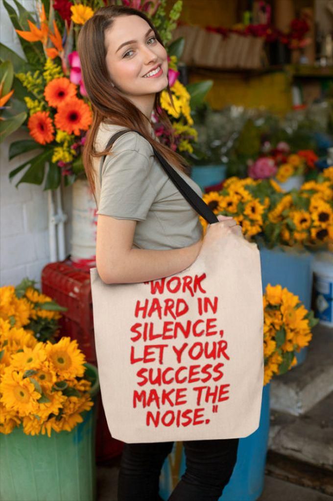 Canvas Shopping Tote Bag - Printed Words (WORK IN SILLENCE)