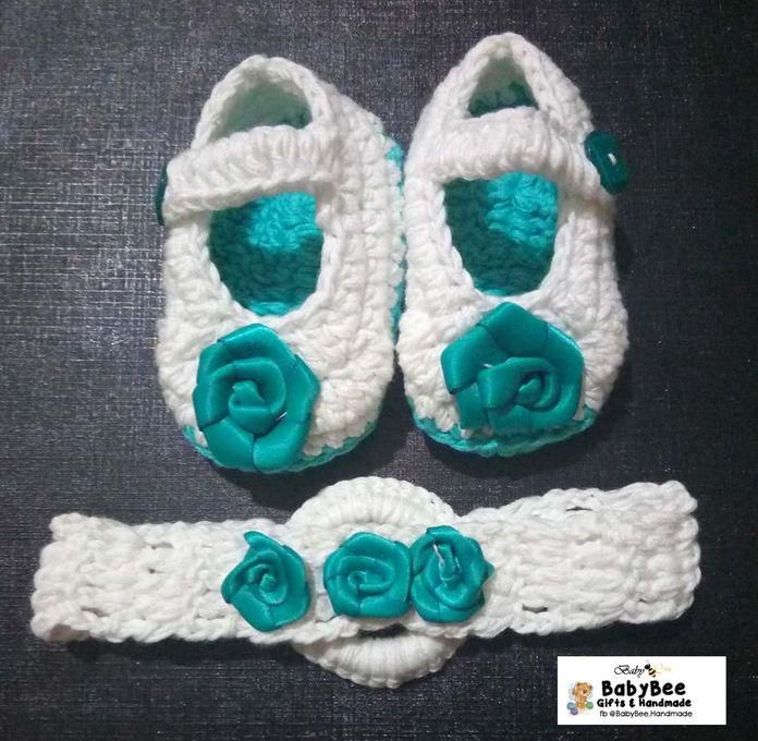 Babybee Handmade Roses Baby Set ( Shoes + Headband) - Green - Cotton
