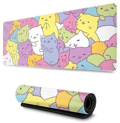 Cute Cat Gaming Mouse Pad XL, Extended Large Mouse Mat Desk Pad, Stitched Edges Mousepad, Long Non-Slip Rubber Base Mice Pad, 31.5 X 11.8 Inch