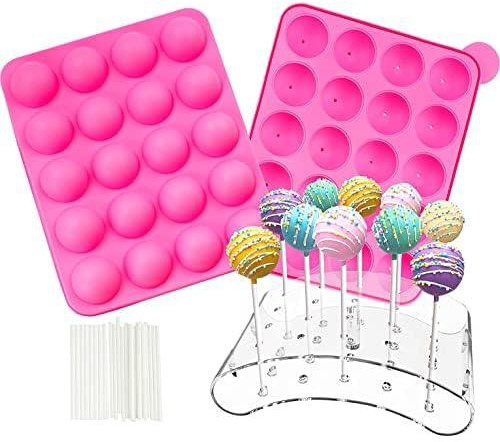 ELECDON 20 Cavity Cake Pop Mold Maker with Lollipop Stand, Cake Pop Sticks for Babycakes Maker, Party Birthday Family Kit Chocolate Candy Melts Pot Silicone Cupcake Molds, Paper Lollipop Sticks