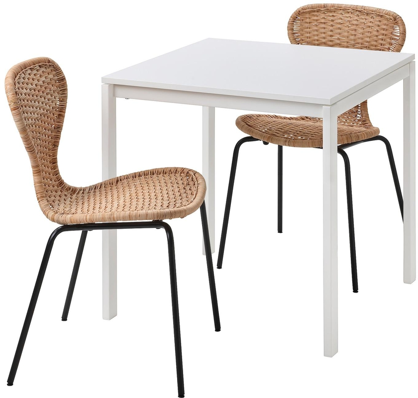MELLTORP / ÄLVSTA طاولة وكرسيان - أبيض أبيض/خيزران أسود ‎75x75 سم‏