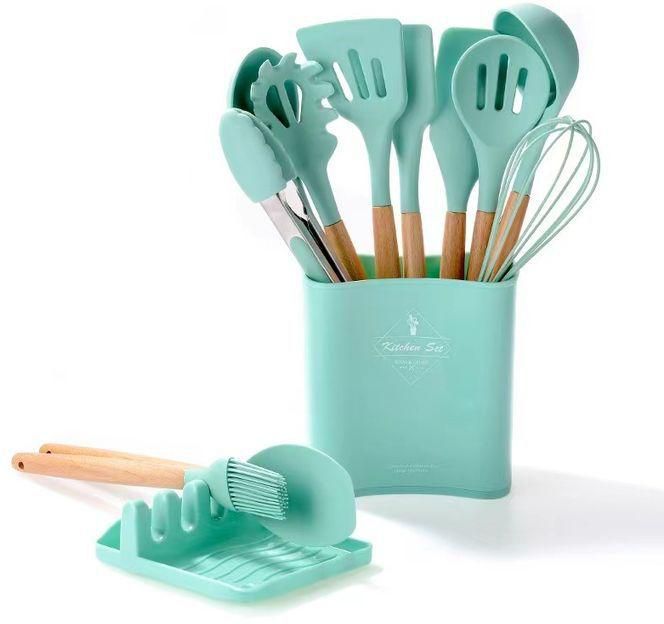 13pcs Silicone Cooking Kitchen Utensils Set, Wooden Handles Cooking Tool