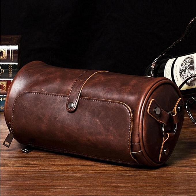 Men Vintage Crazy Horse Leather Hiking Pack Cylinder Travel Messenger Retro Bag