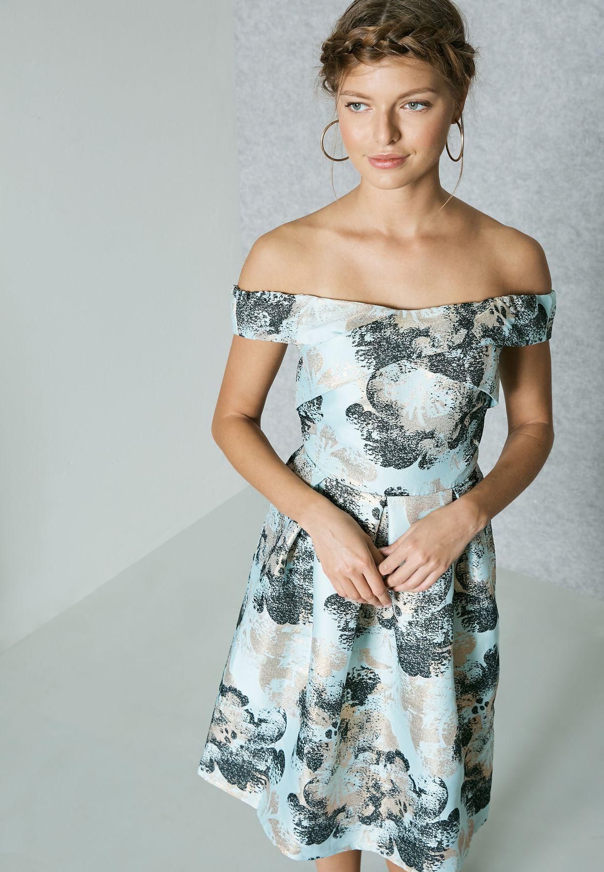 Printed Bardot Prom Dress