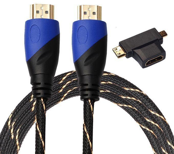 1.8m HDMI 1.4 Version 1080P Woven Net Line Blue Black Head HDMI Male To HDMI Male Audio Video Connector Cable With Mini HDMI & Micro HDMI & HDMI 3 In 1 Adapter Set