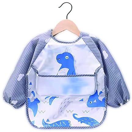 Mix&Max Baby Bib Long Sleeves With Silicone Pocket Printed Animals For Unisex-Blue