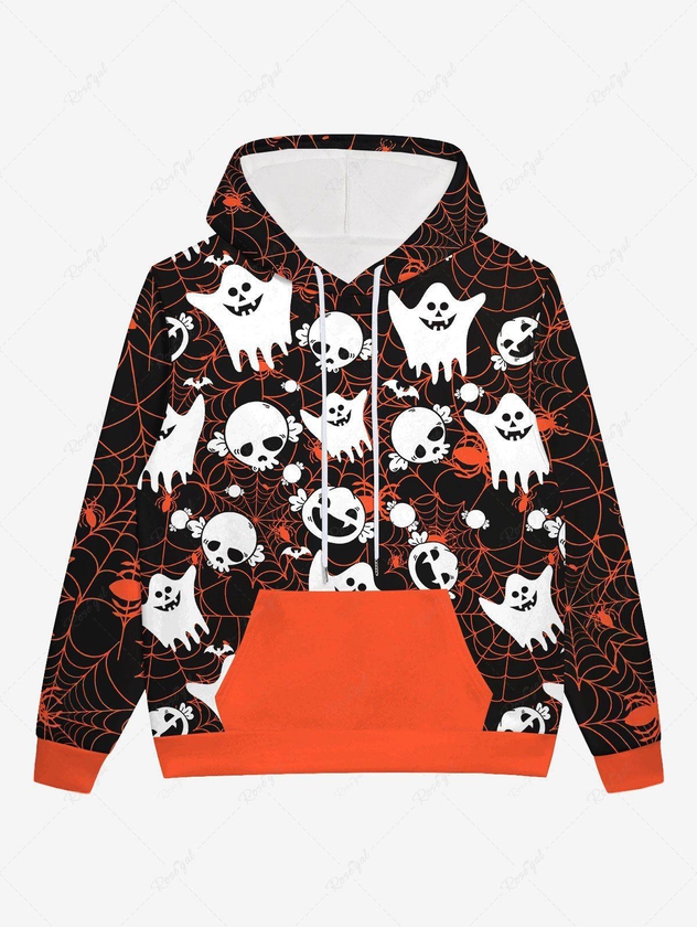 Gothic Halloween Skull Ghost Candy Spider Web Print Drawstring Hoodie For Men - 6xl