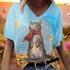 clothing Plus Size T-Shirts Cat Painting Print V-Neck Short Sleeve Casual Top Pullover Summer Women T-shirt