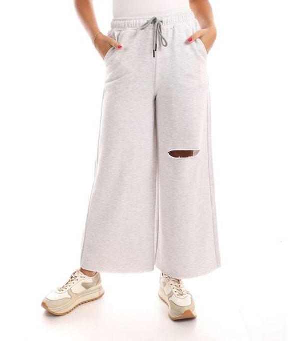 Belle Ripped Wide Leg Casual Pants - Light Grey