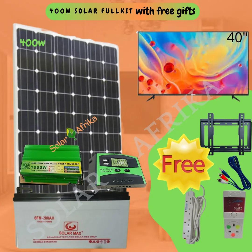 Solar panel fullkit 400w (panel, battery, inverter, controller) with Television TV + FREE extension cable, Tv guard, audio cable and wall bracket