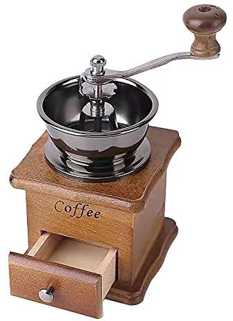 مطحنة حبوب قهوة يدوية كلاسيكية صغيرة من الستانلس ستيل بهيكل خشبي انيق للقهوة لماكينة تحضير القهوة الفرنسية بالتنقيط