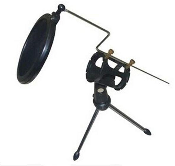 Desktop Microphone Stand Table Mini Mic Clip Tripod Holder with Double-Net Pop Filter
