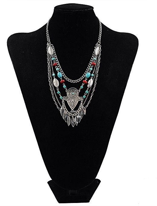 Fashion Bohemia Turquoise Leaves Coins Fringed Necklace - Silver