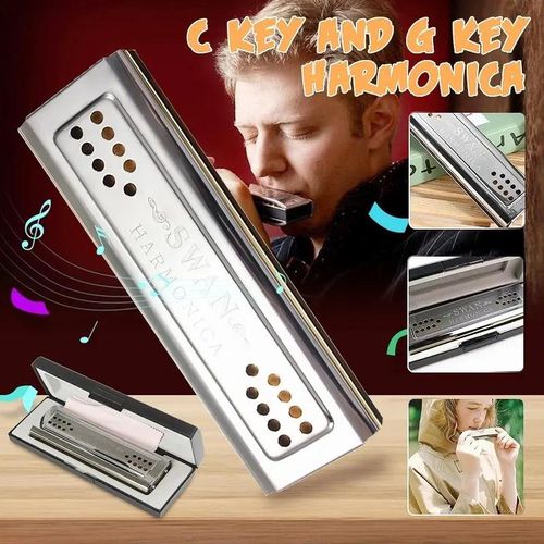 Swan 24 Holes Double Sided Mouth Organ Tremolo Silver Harmonica Key C and G with Box Nice Gift