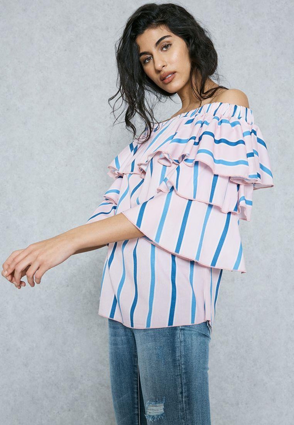 Striped Tiered Ruffle Sleeve Top