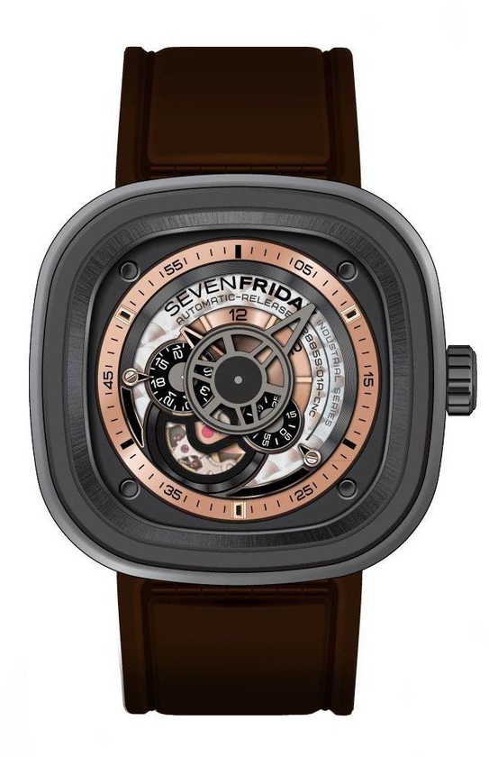 SevenFriday Men's Black Dial Leather Band Automatic Watch - P2/1 revolution