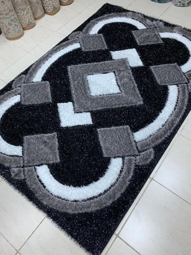 Black And White Turkish Expo Shaggy Centre Rug- 4by6ft