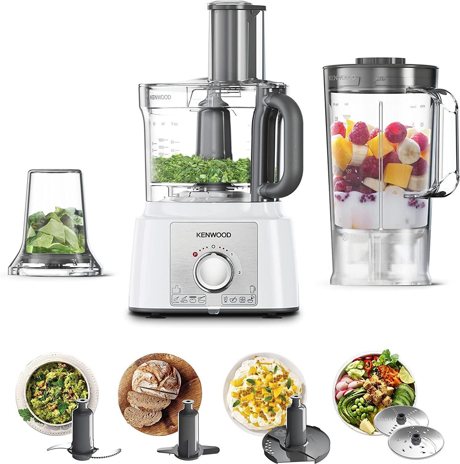 KENWOOD Food Processor 1000W Multi-Functional with 2 Stainless Steel Disks, Blender, Grinder Mill, Whisk, Dough Maker FDP65.400WH White

