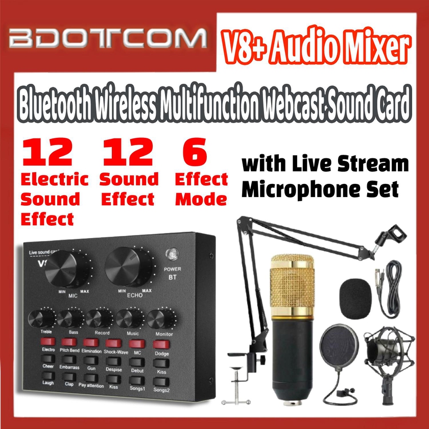 V8+ Audio Mixer Bluetooth USB Headset Webcast Live Sound Card