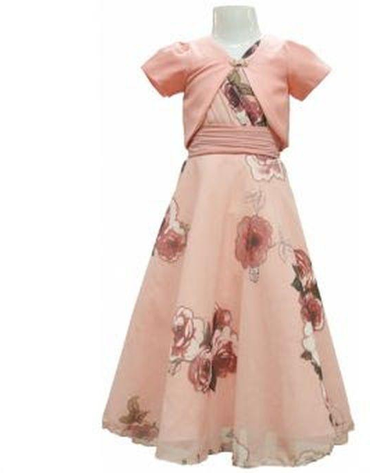 Girls Chiffon Floral Print Xmas/Party Dress With Bolero-PEACH