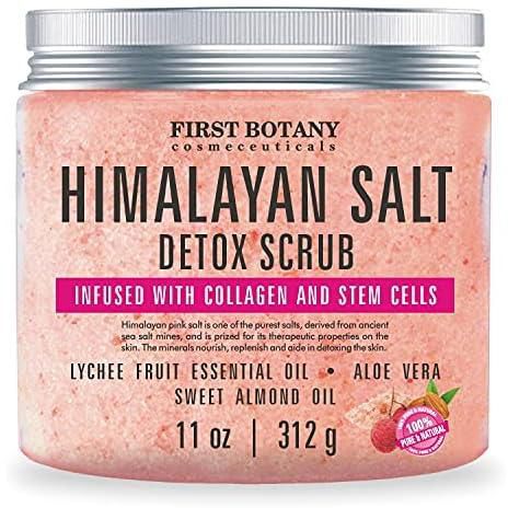Himalayan Salt Body Scrub With Collagen And Stem Cells - Natural Exfoliating Salt Scrub & Body And Face Souffle Helps With Moisturizing Skin, Acne, Cellulite, Dead Skin Scars, Wrinkles (11 Oz)