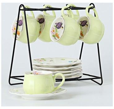 13 Piece Cup And Saucer Set With Iron Shelf Green 8.5x6x5cm