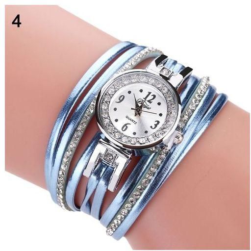 Duoya Lady Retro Rhinestone Multilayer Faux Leather Analog Quartz Bracelet Wrist Watch-Blue
