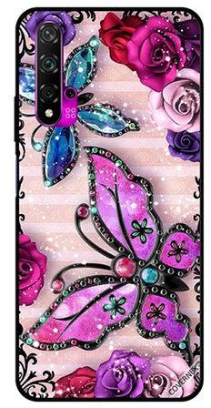 غطاء حماية واقٍ لهاتف هواوي نوفا 5T تصميم زهور وفراشات باللونين الوردي والأرجواني