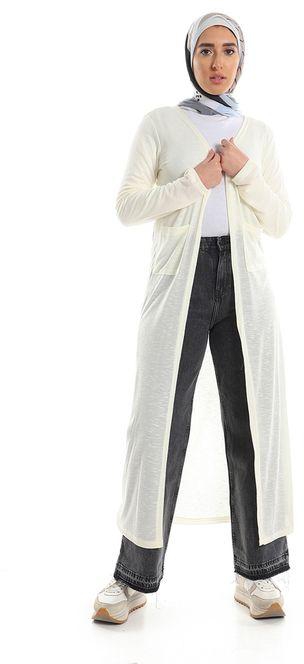 Kady Open Neckline Long Cardigan With Front Pockets - Off-White